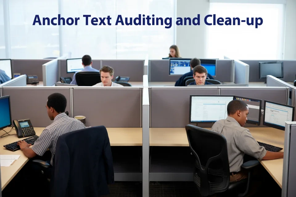 ​Anchor Text Auditing and Clean-up show men working also in background ofice environment